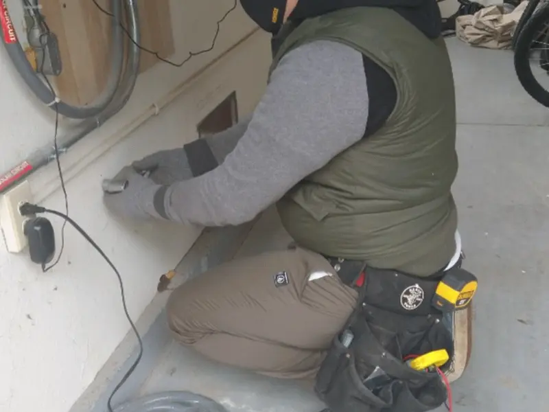 Electrician performing outlet wiring in a Lower Burrell garage